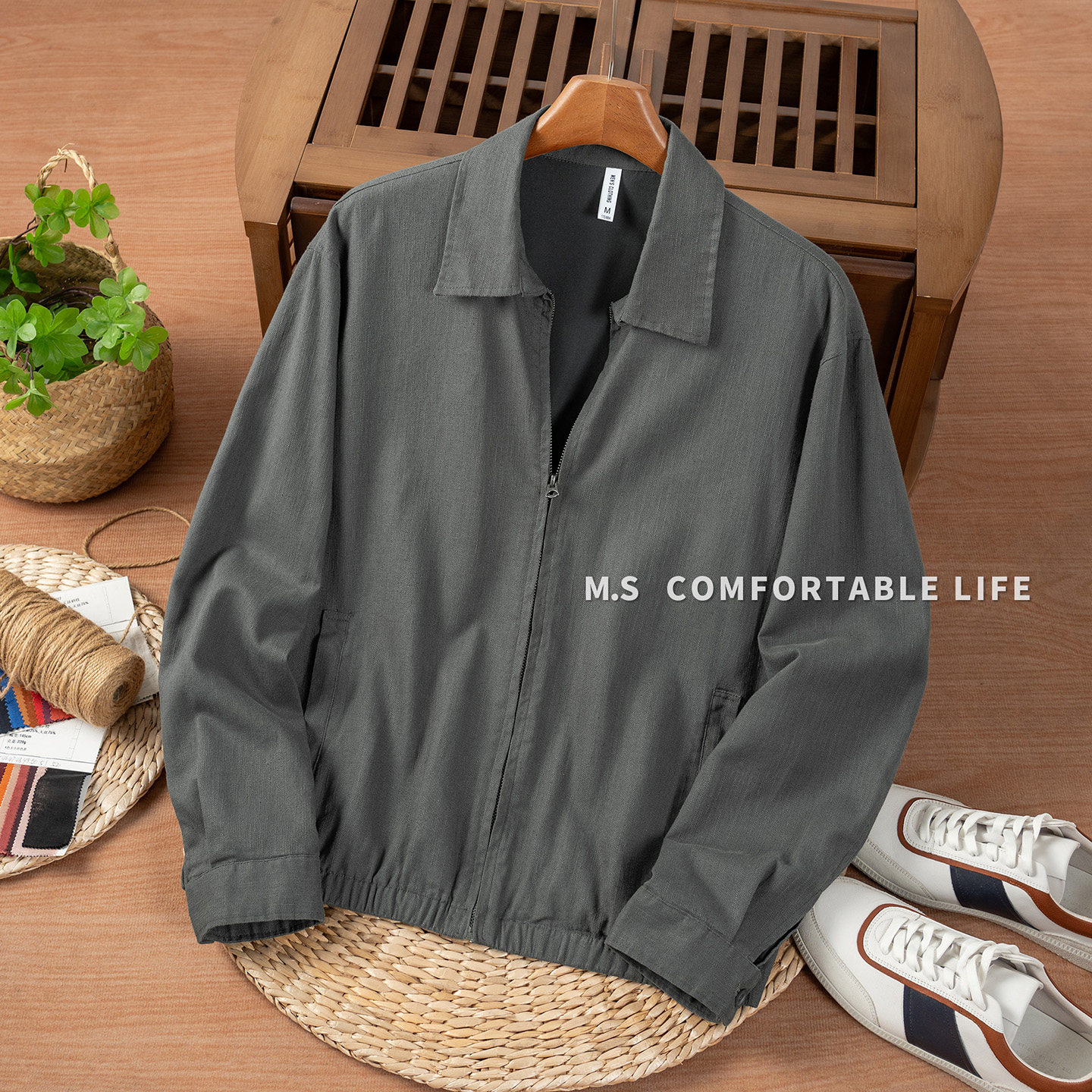 麻尚生活拉链款亚麻夹克男秋季新款宽松简约百搭休闲棉麻外套上衣