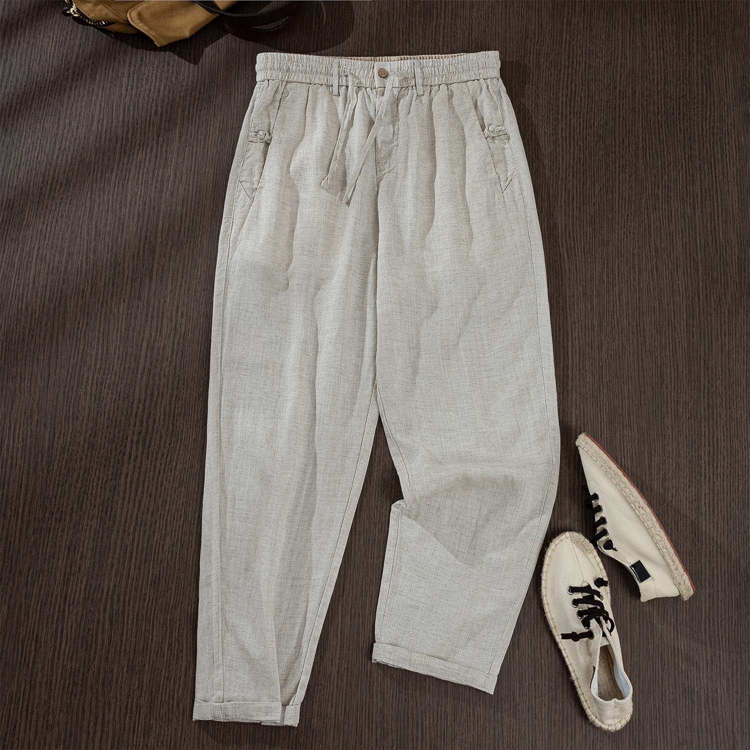 麻尚生活天丝亚麻松紧腰抽绳男裤夏季新款宽松显瘦百搭休闲直筒裤