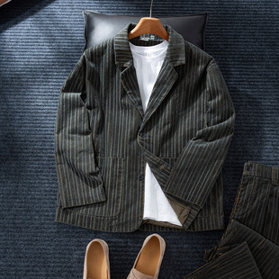 新款 外套秋季 老钱风宽松休闲条纹西服上衣 西装 麻尚生活灯芯绒男士