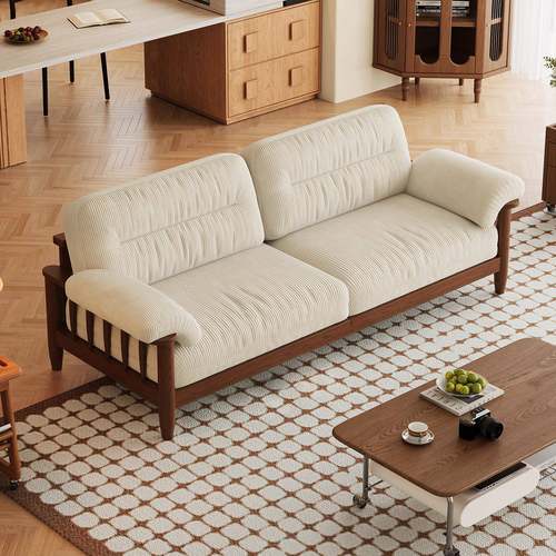 牛油果绿色法式复古实木沙发灯芯绒三人位中古风客厅布艺沙发