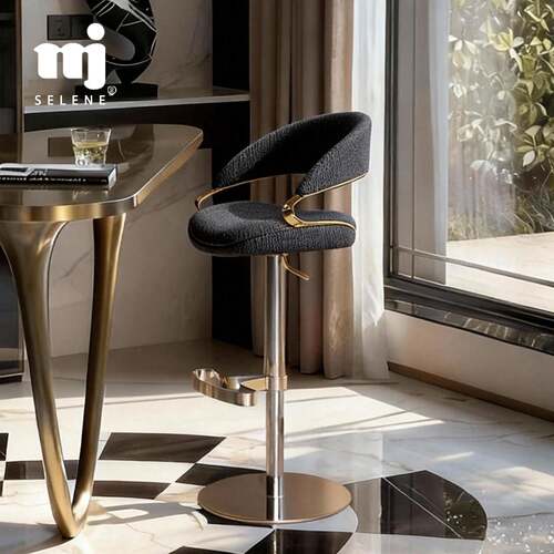 现代简约吧台椅粉棉麻布高脚椅可升降旋转厨房岛台椅高级感酒吧椅
