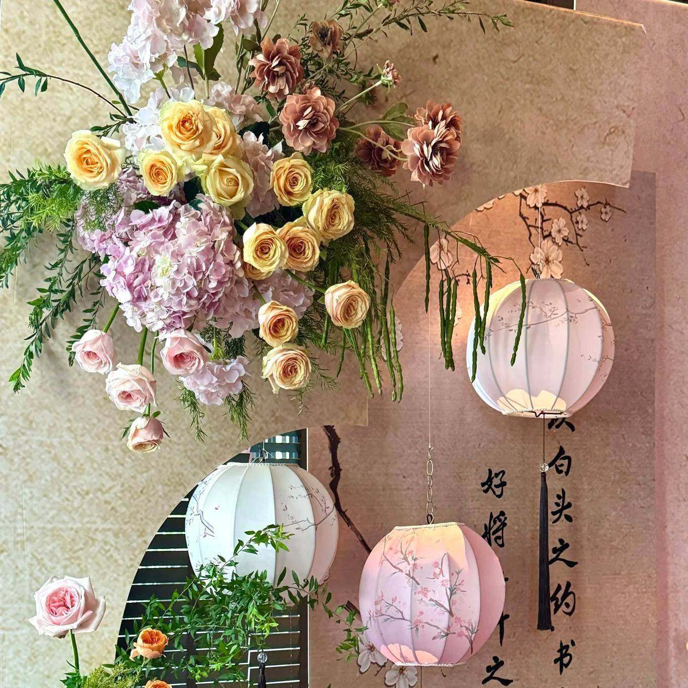 新中式面料铁框圆灯室内外节日装饰街套挂饰