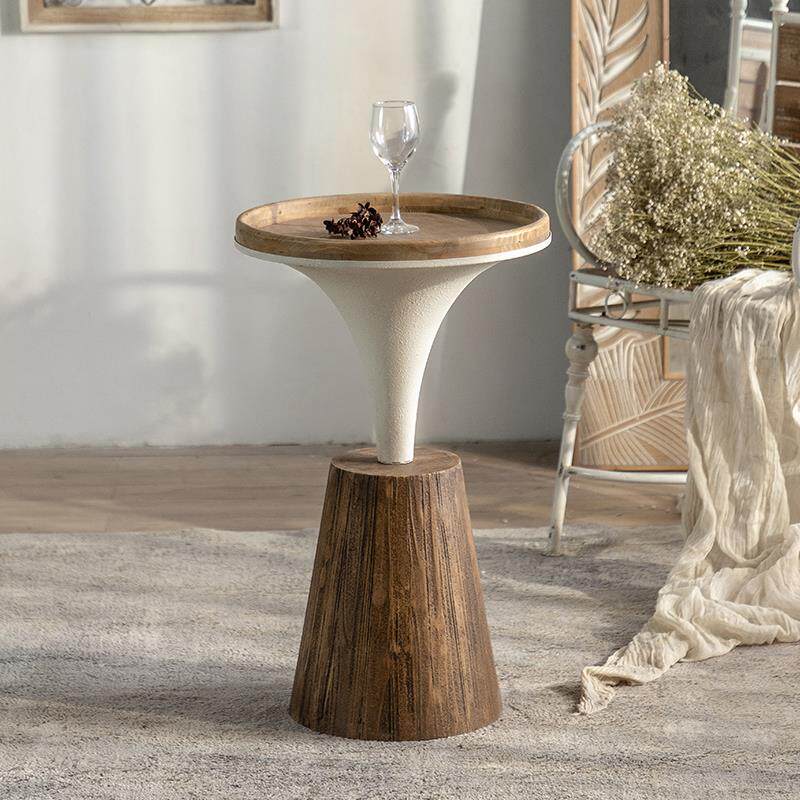 侘寂风沙发边几美式复古做旧实木小圆桌子家用阳台民宿咖啡厅茶几