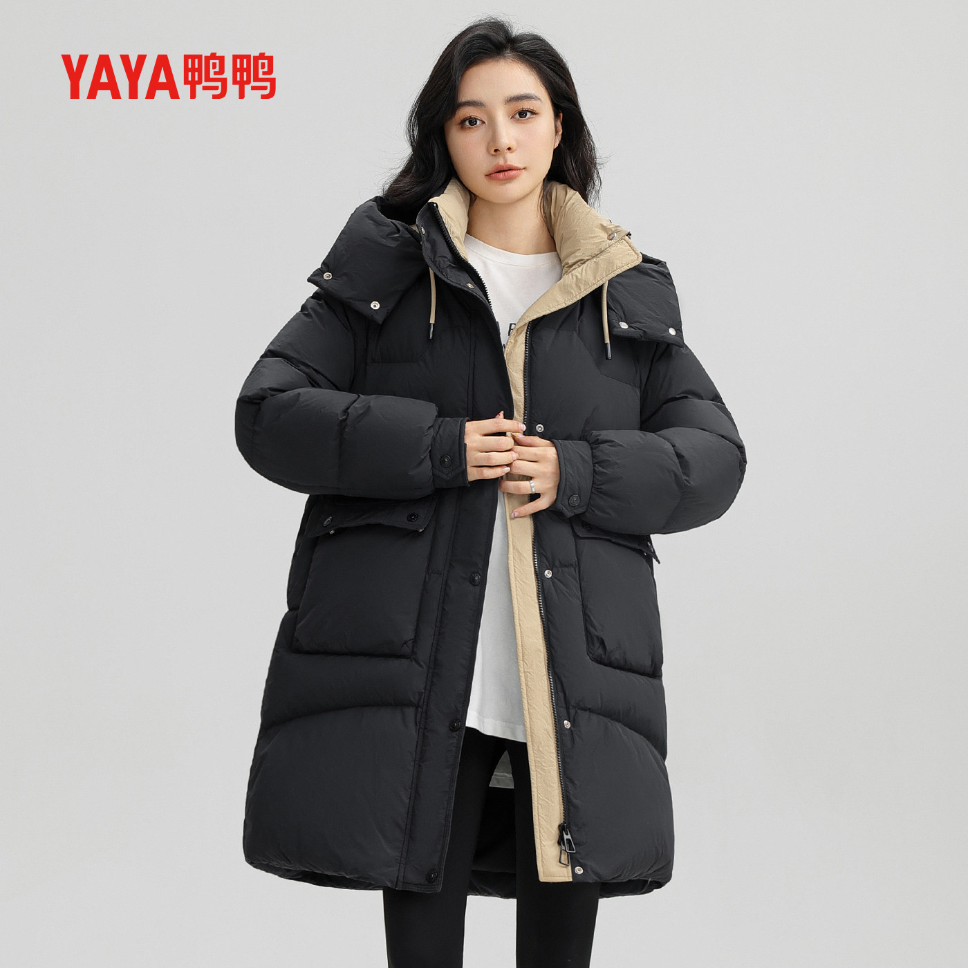 鸭鸭长款羽绒服女连帽加厚外套