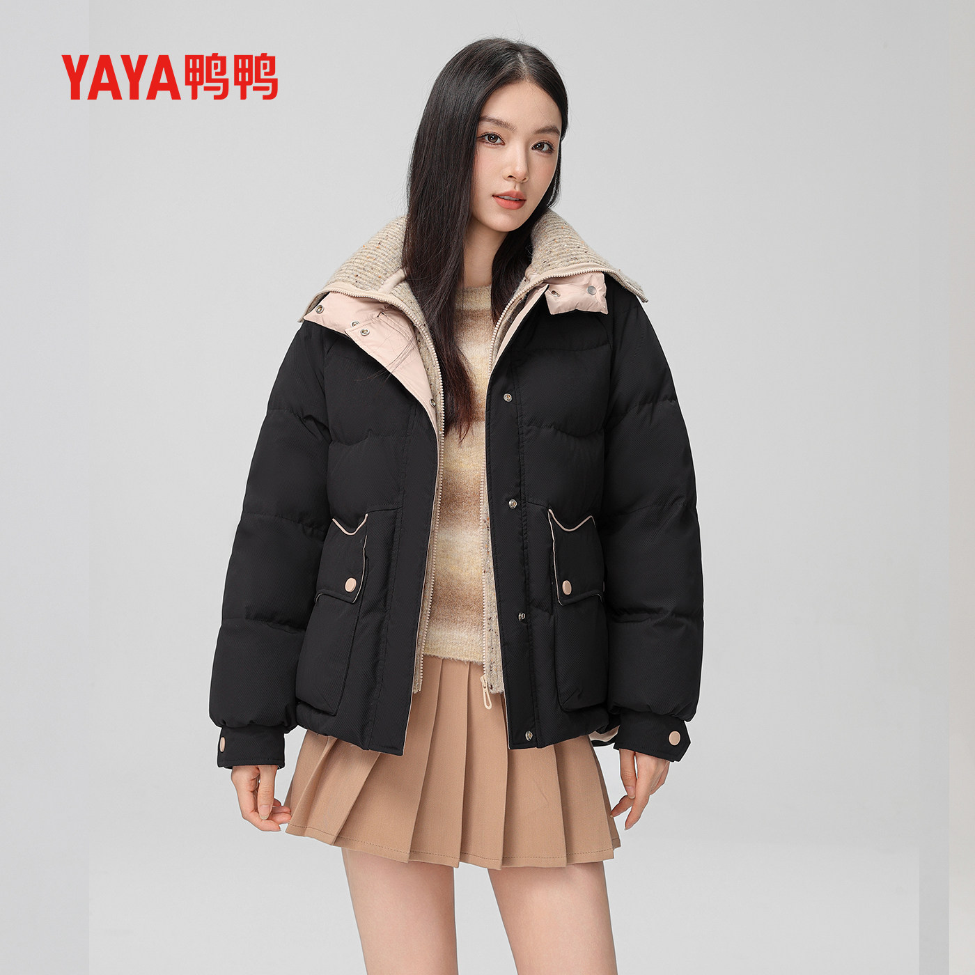 鸭鸭短款羽绒服针织翻领保暖外套