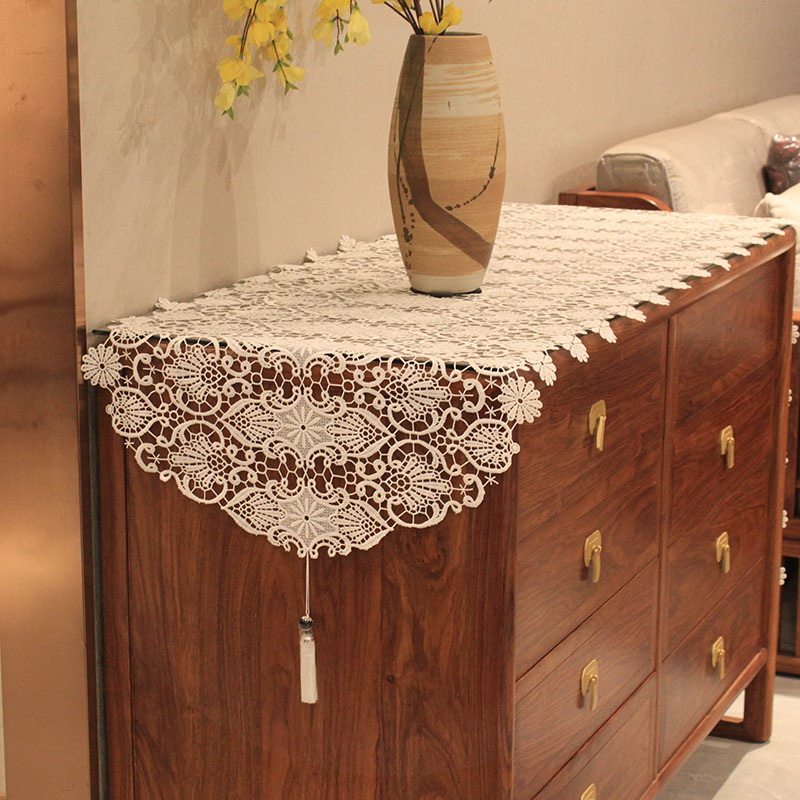蕾丝桌旗轻奢高端简约现代布艺茶几餐桌鞋电视柜防尘盖巾手工刺绣