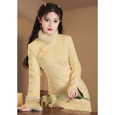 奶酪黄色旗袍2025新款高端修身