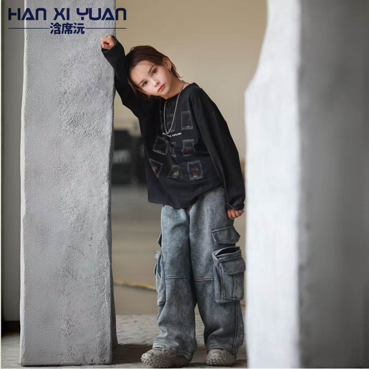 浛席沅复古工装裤男女儿童宽松多口袋休闲裤灰色直筒裤潮酷百搭,童装/婴儿装/亲子装,工装裤,淘宝优惠券,粉丝福利购,淘宝优惠卷