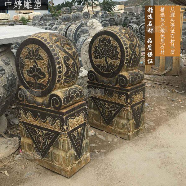 石雕门墩抱鼓石仿古中式富贵花大理石青石门档门枕石花开富贵一对