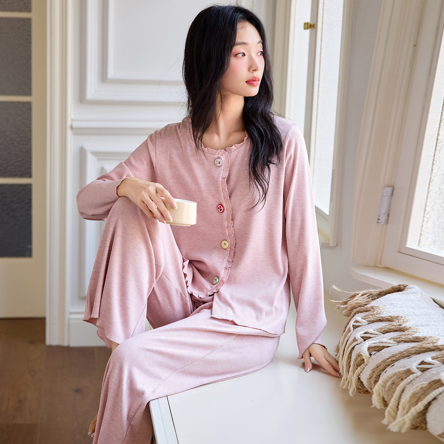 【粉彩色】新款常规款长袖女睡衣大弹力舒适家居服套装秋冬休闲