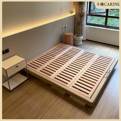 全实木无床头床架排骨架榻榻米齐边意式极简悬浮榉木主卧1.8皮床