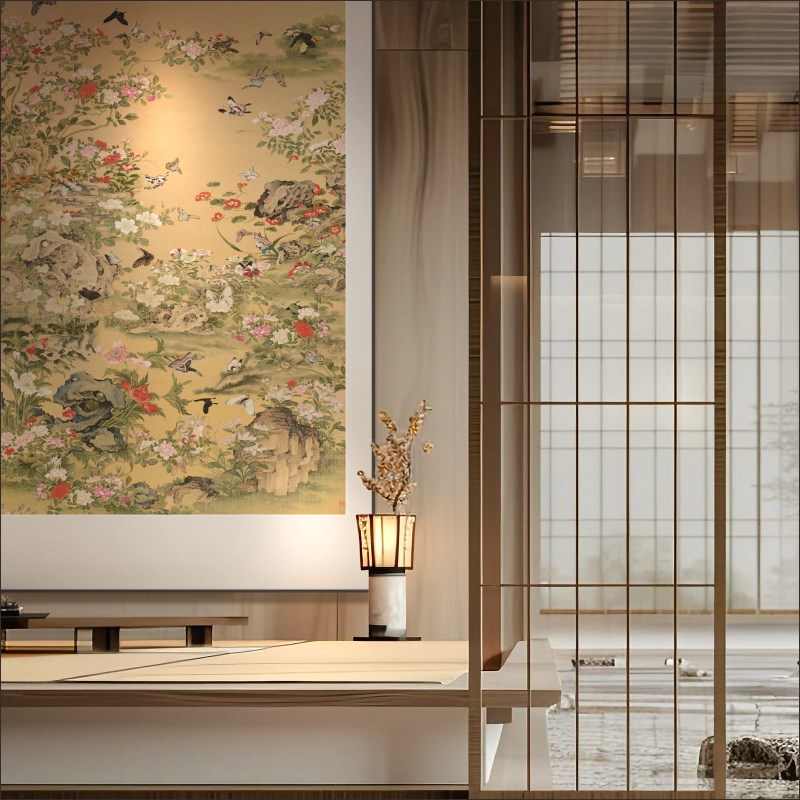 新中式鎏金彩雕工艺别墅玄关客厅茶室背景墙古典花鸟蝴蝶装饰挂画图片