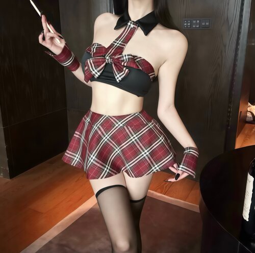 性感JK制服绯红格学院风禁欲系