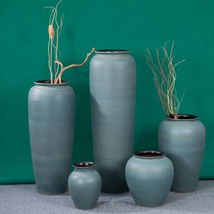 民宿造景假花坛花艺组合古典天青色插花陶罐禅意摆件1.2m高大花瓶