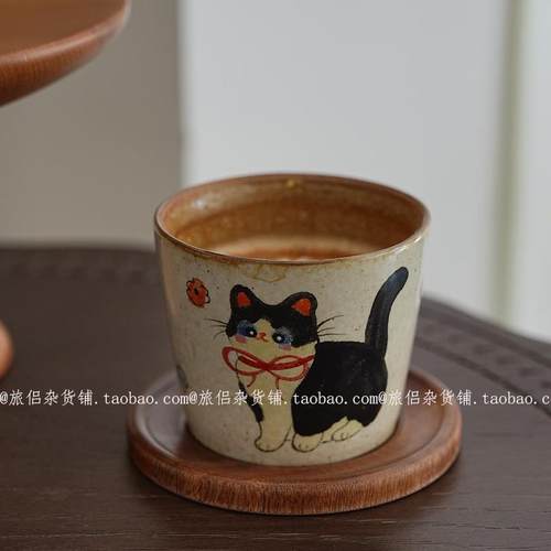 景德镇手绘釉下彩可爱猫咪猪口杯咖啡拉花杯下午茶手握杯茶杯礼物