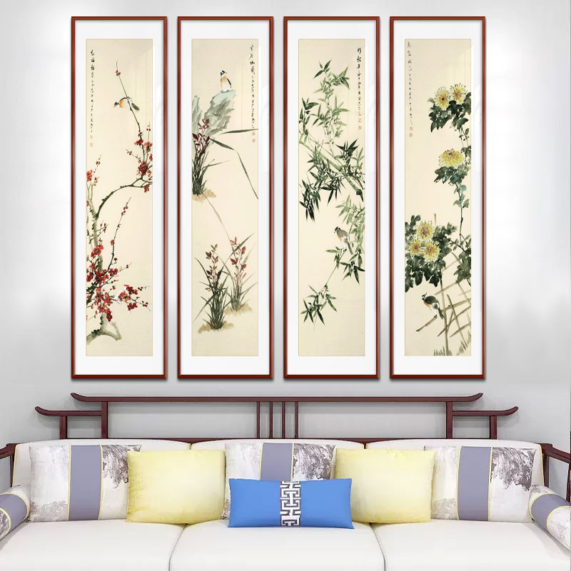 梅兰竹菊国画花鸟挂画四条屏新B中式客厅沙发背景墙装饰茶室壁画