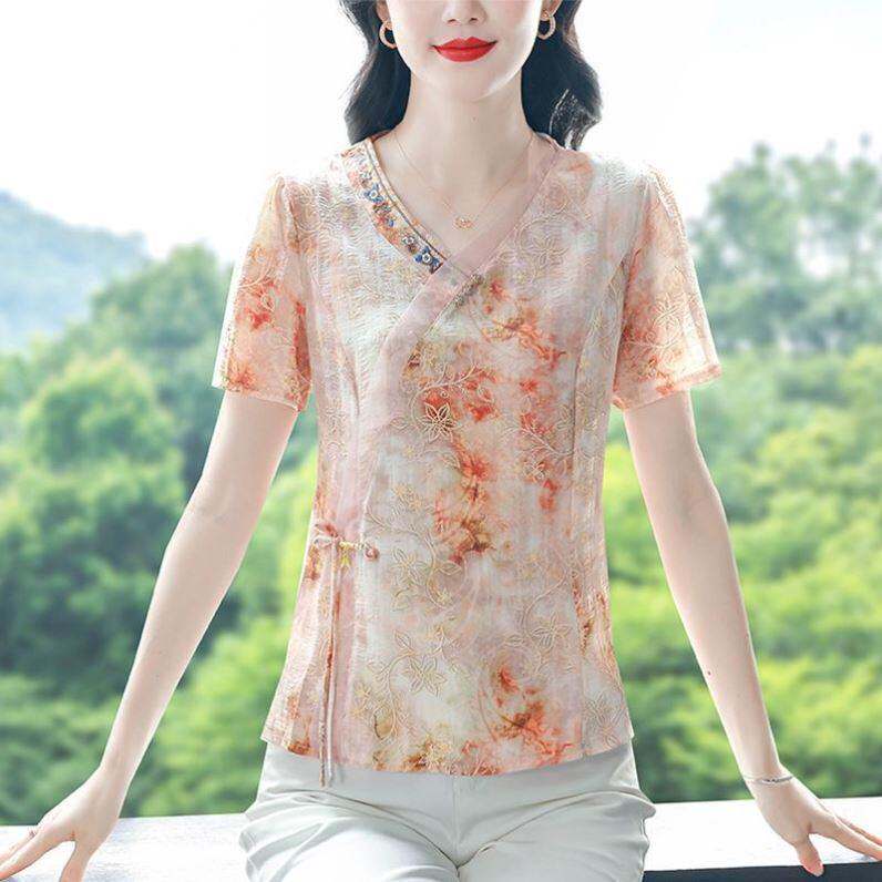 国风复古短袖雪纺衫新中式刺绣领显瘦上衣夏装新款女士百搭小衫
