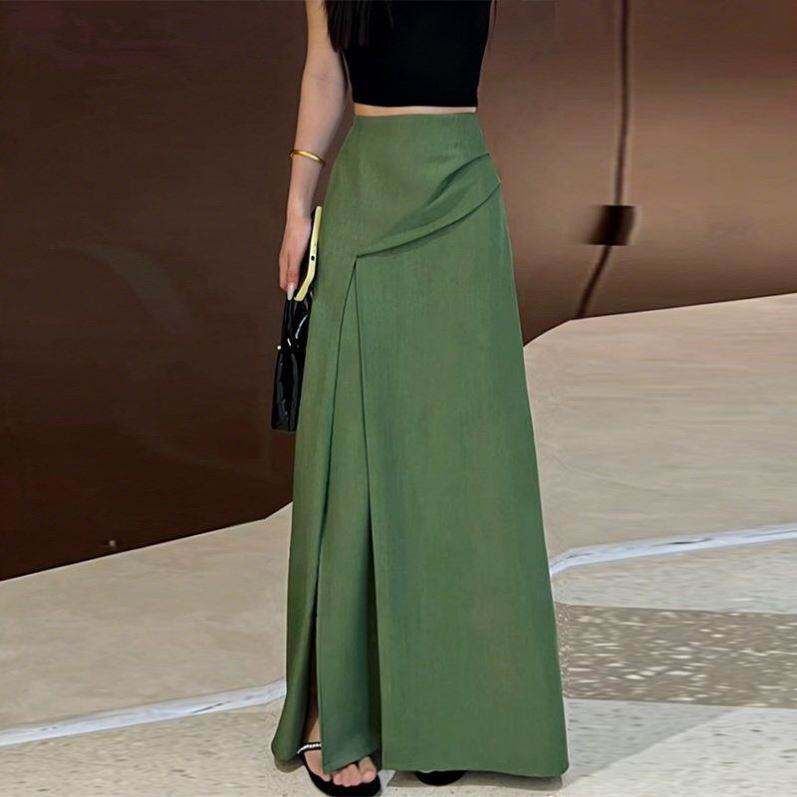 2026高级感绿色褶皱开叉半身裙女春夏高腰垂感显瘦A字长款西装裙