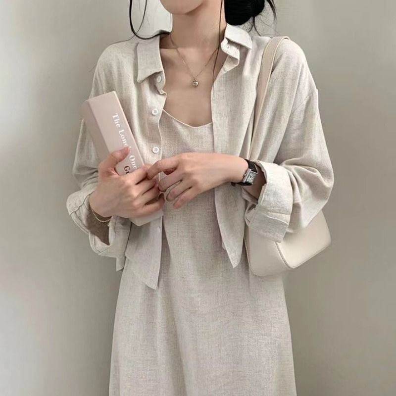 韩版chic春秋法式复古气质减龄性感吊带连衣裙+衬衫外套两件套女