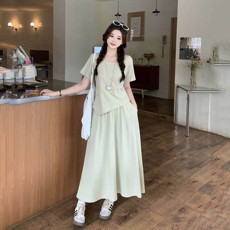 2026超火夏装一整套女半身裙两件套大码胖mm显瘦遮肚减龄套装裙子