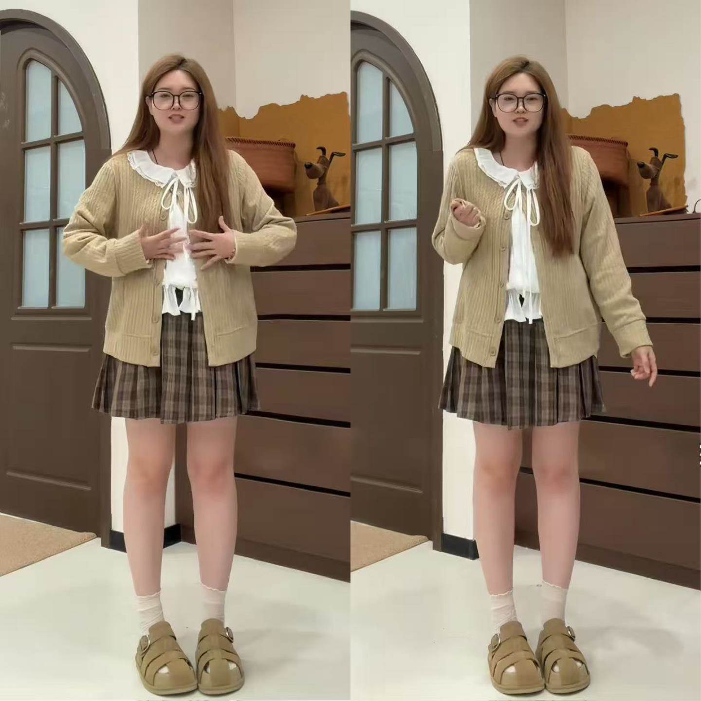 少女感学院风翻领衬衫套装松紧短裙格子精致感奶呼呼外衫