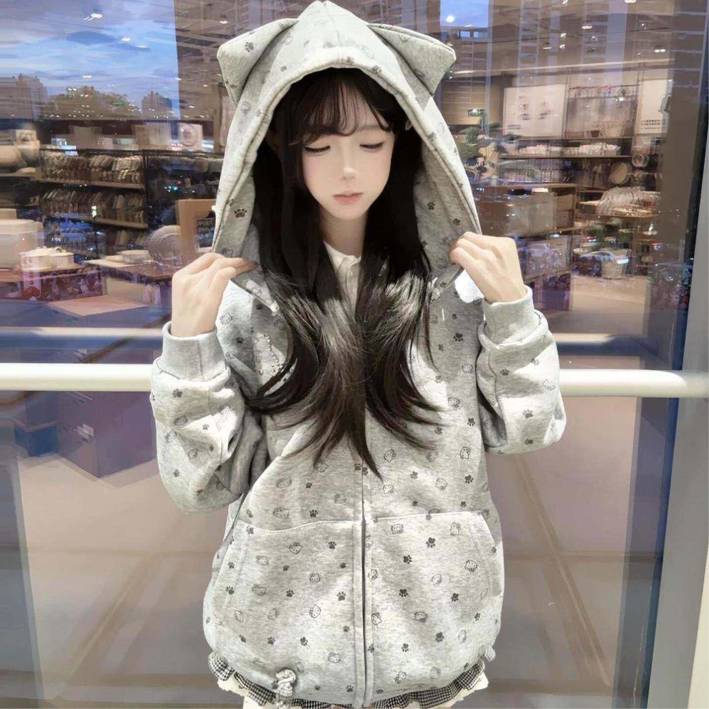 灰色印花烫钻连帽卫衣女春春季新款拉链开衫新款韩系慵懒上衣外套