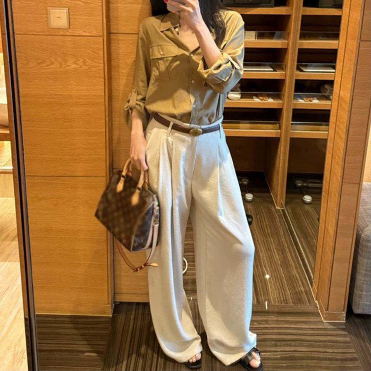 老钱风气质百搭长袖polo领宽松衬衫女夏季休闲显瘦阔腿裤长裤套装