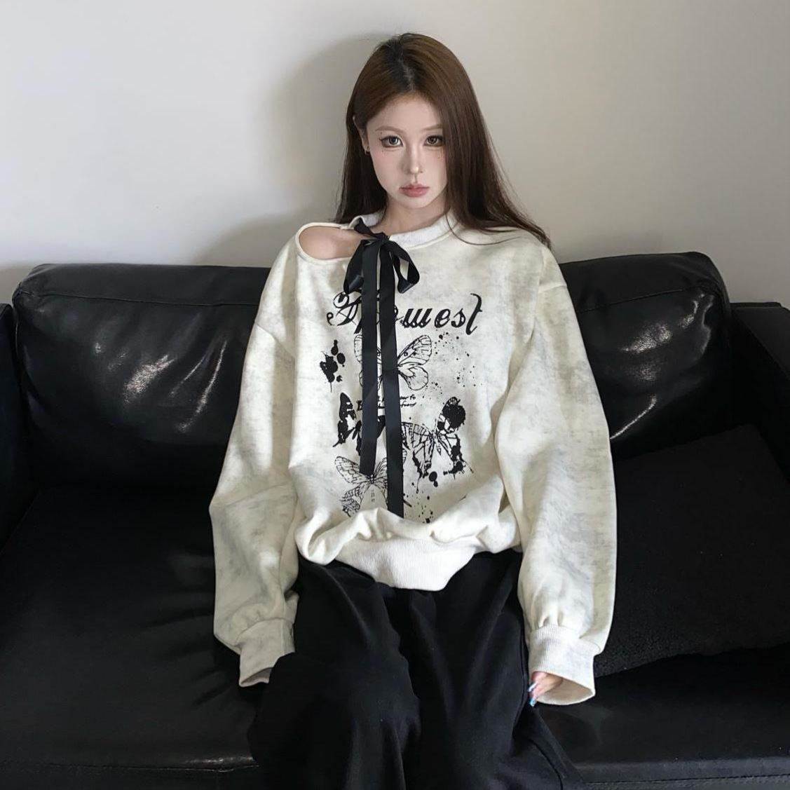 美式复古秋季新款甜酷露肩蝴蝶结设计感套头卫衣女长袖小众上衣