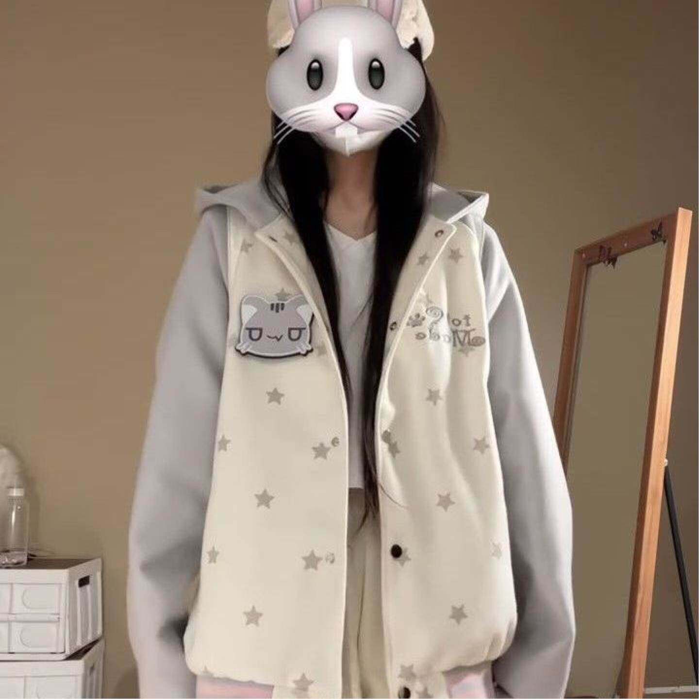 韩系魔术贴猫咪耳朵星星外套女秋冬宽松甜酷学院连帽开衫棒球服