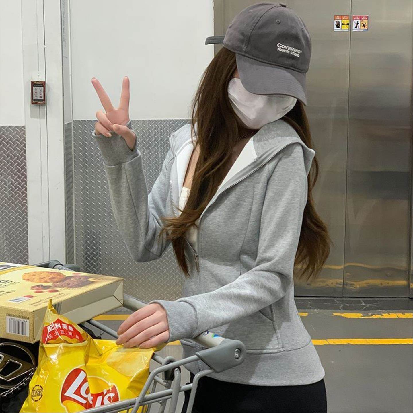 修身卫衣外套女款2026春秋春季新款韩系连帽运动收腰短款开衫上衣图片