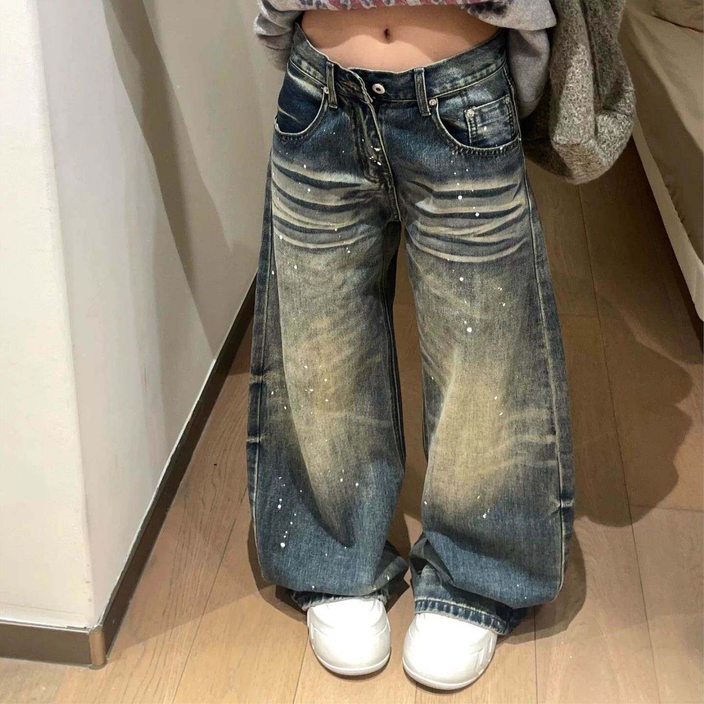美式泼墨水洗弯刀牛仔裤男女复古宽松休闲长裤宽松显瘦阔腿拖地裤