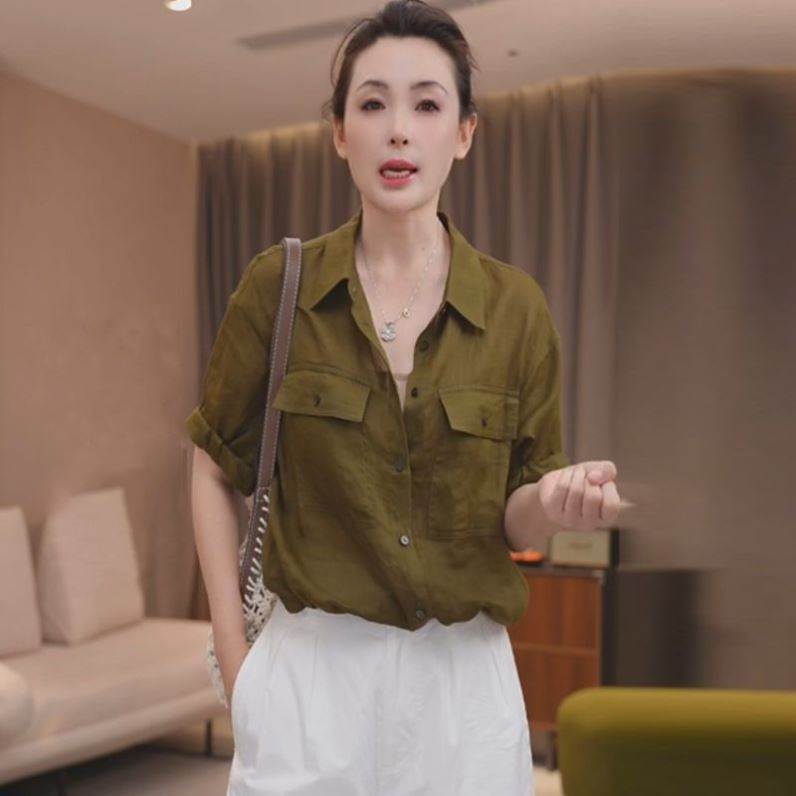 韩系时尚宽松单排多扣设计短袖衬衫女夏季轻薄慵懒风设计口袋上衣