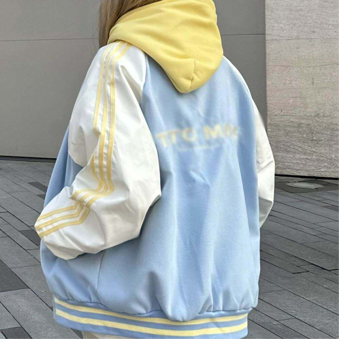 大码美式撞色条纹刺绣棒球服女宽松春秋2026新款oversize夹克外穿
