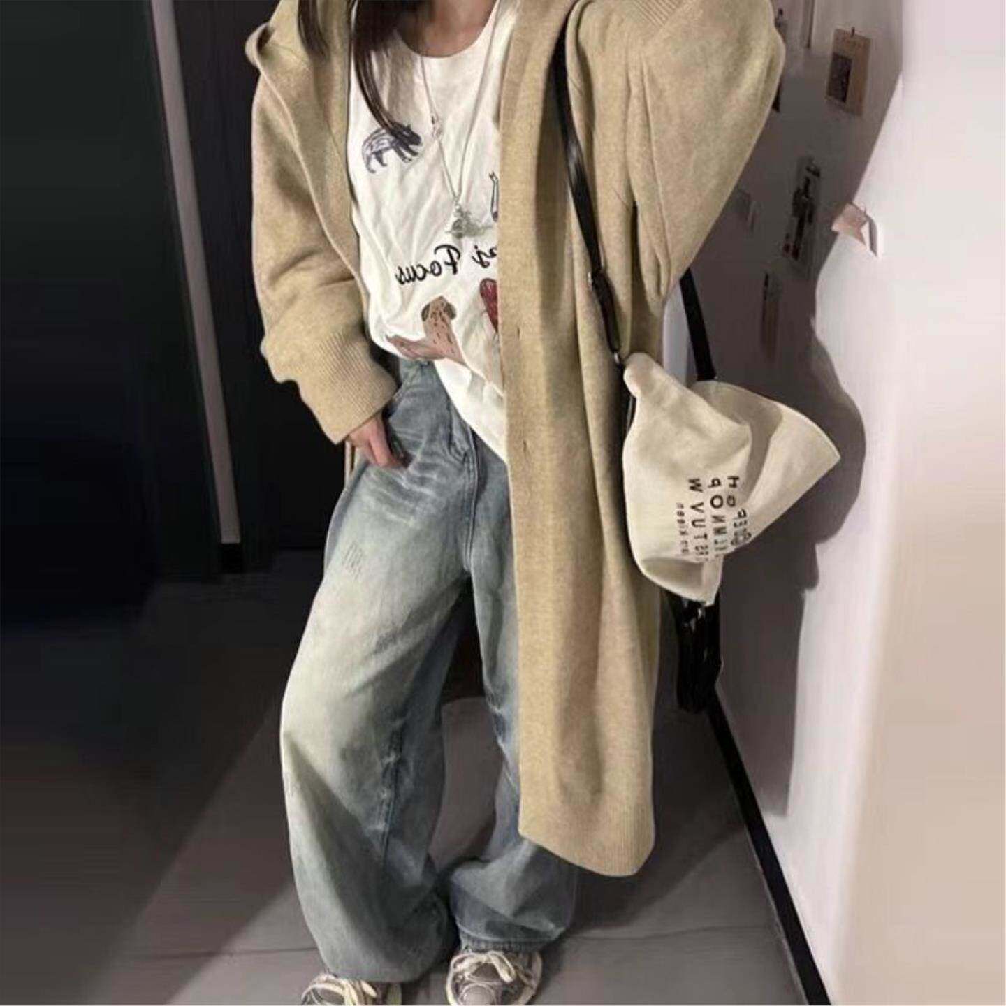 206春秋新长款开衫女慵懒风学生韩版宽松深灰色连帽针织外套大衣