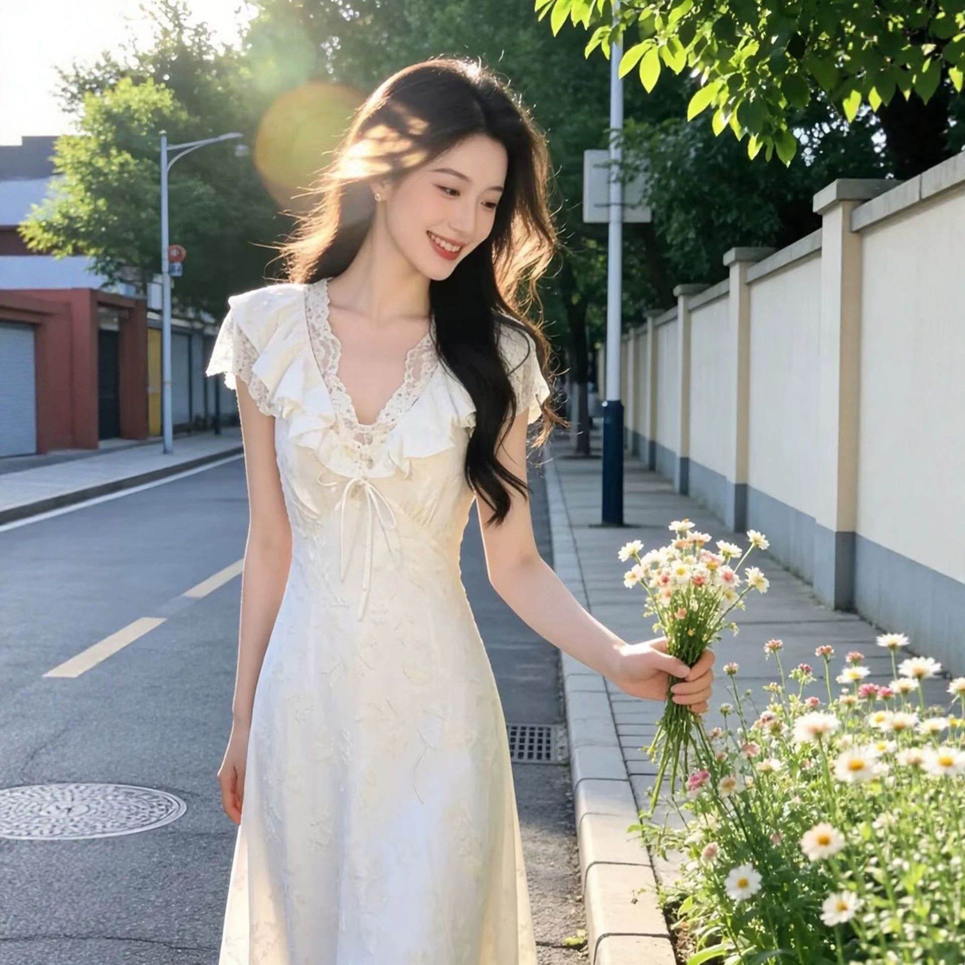 初夏巨好看温柔风森系穿搭白色连衣裙女2026新款法式仙女蕾丝长裙