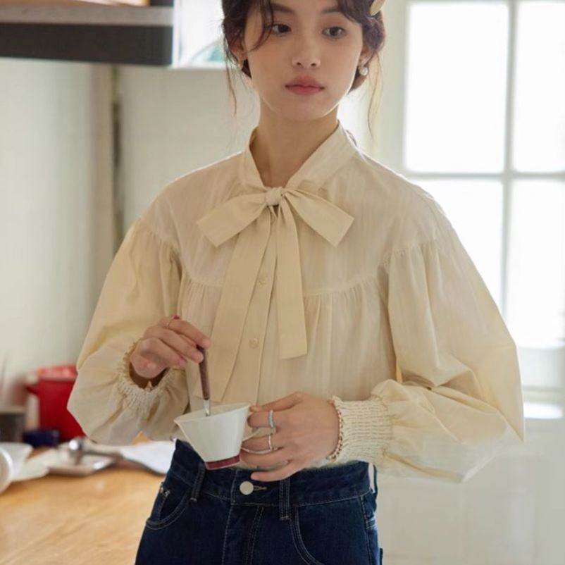 纯色长袖女新款衬衣女休闲打底衫小衫减龄上衣女系带蝴蝶结衬衫女