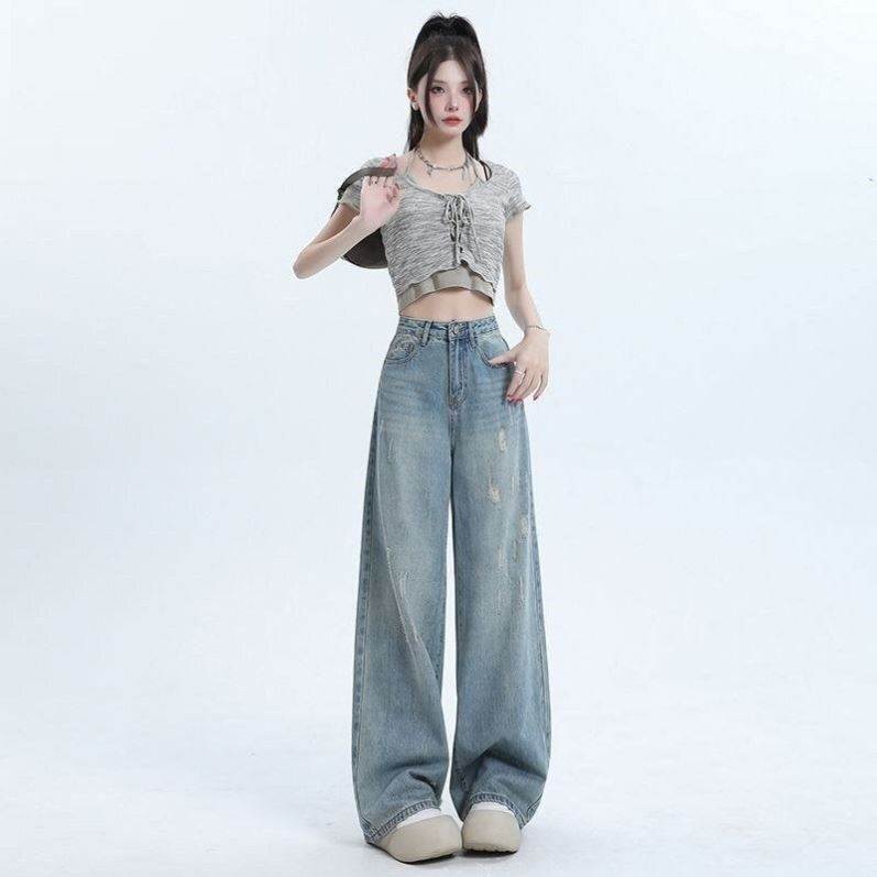 破洞直筒牛仔裤女夏季新薄款高腰显瘦宽松垂感阔腿百搭休闲长裤子