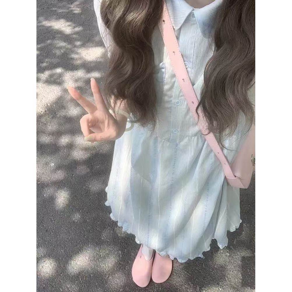 法式连衣裙女夏季2026新款穿搭蓝色条纹娃娃领衬衫小个子气质长裙