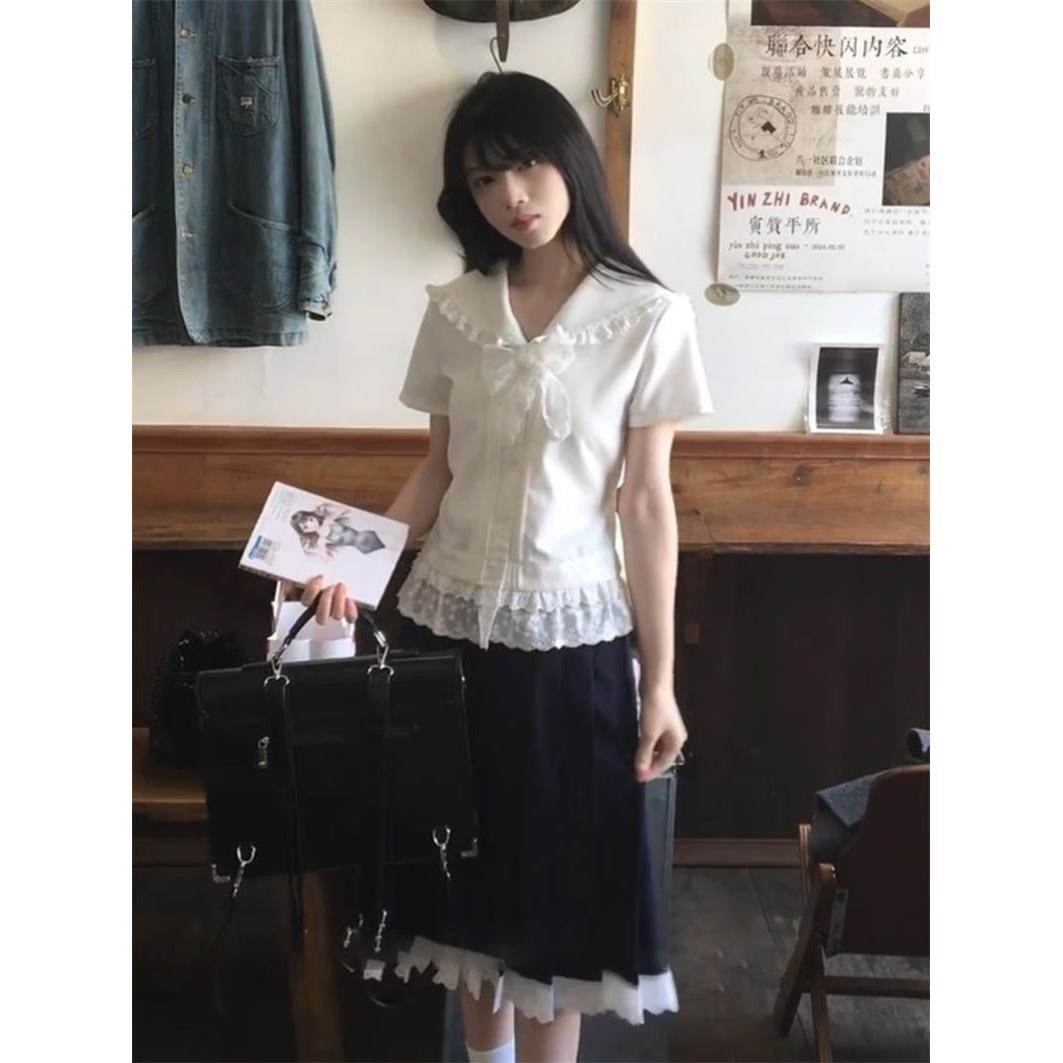 清楚系白色蕾丝拼接少女感短袖衬衫女夏季2026新款甜妹气质上衣