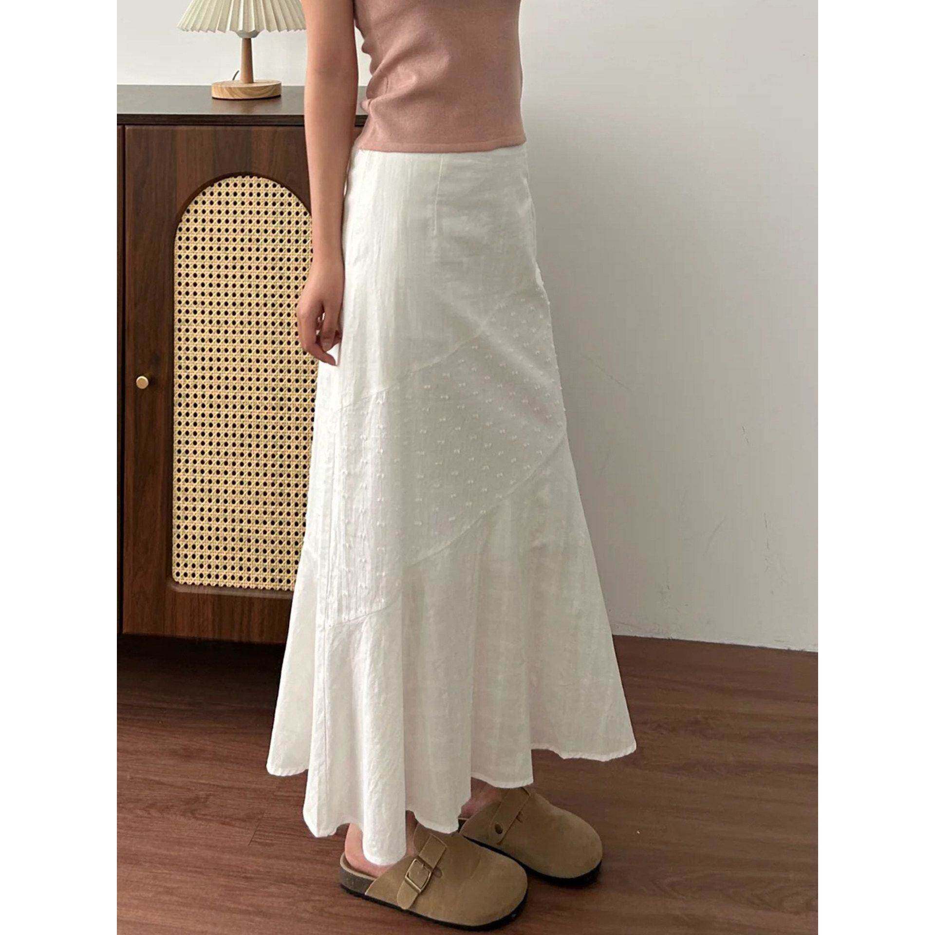 白色半身裙长款女小个子刺绣拼接设计感不规则鱼尾裙巨好看裙子