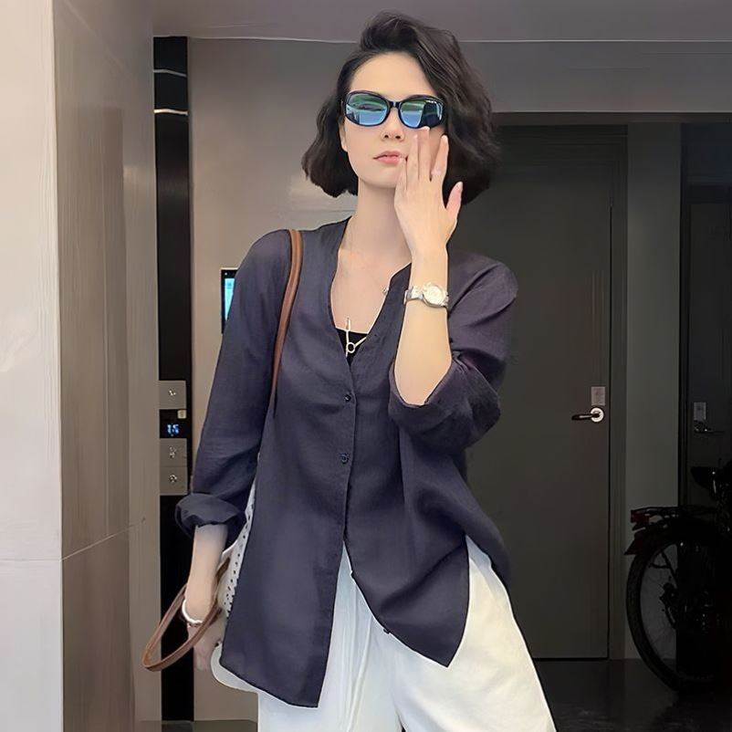 韩系胖mm显瘦复古单排多扣衬衫女夏季简约通勤风纯色七分袖上衣