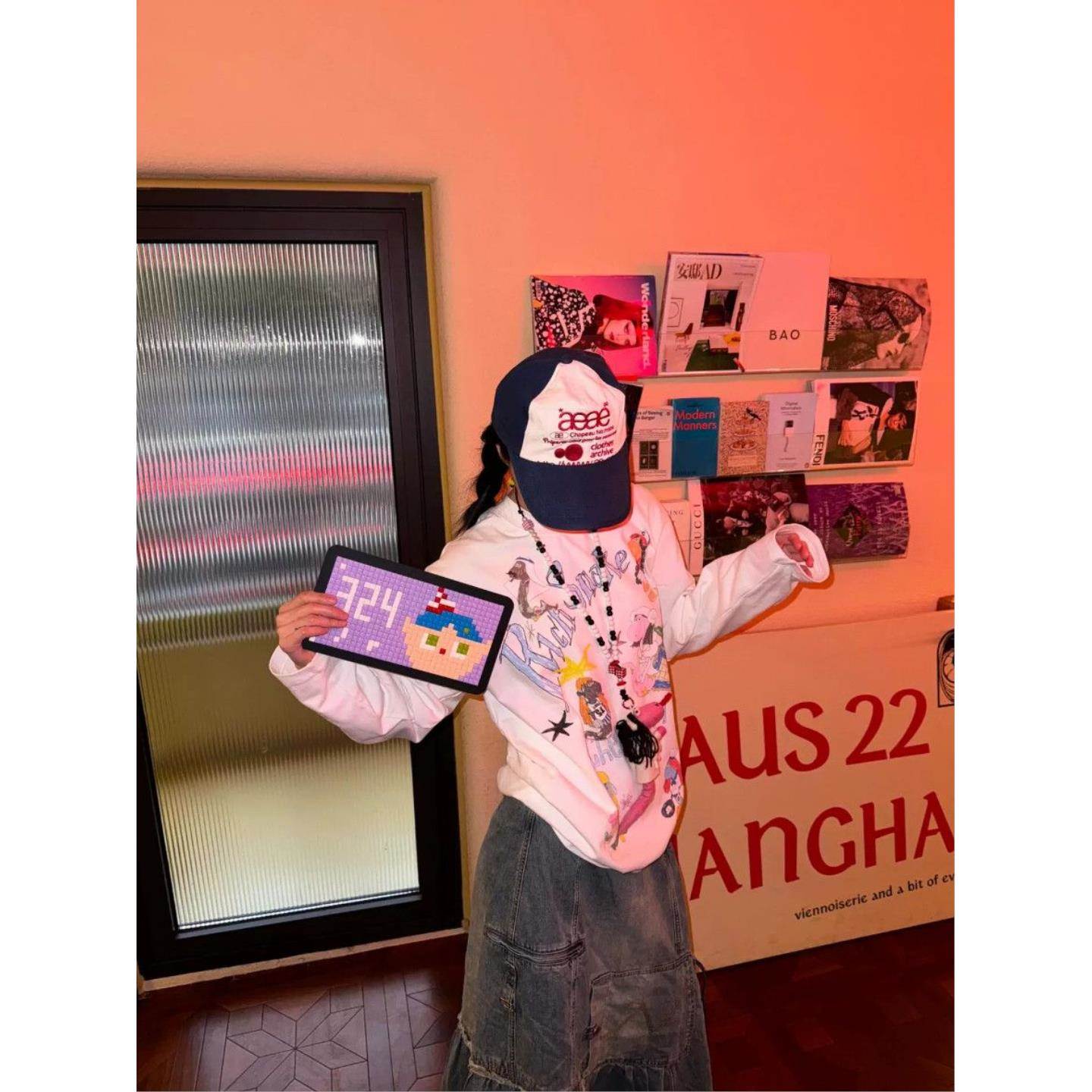 美式复古涂鸦卡通印花长袖T恤女春秋宽松慵懒风圆领棉打底衫