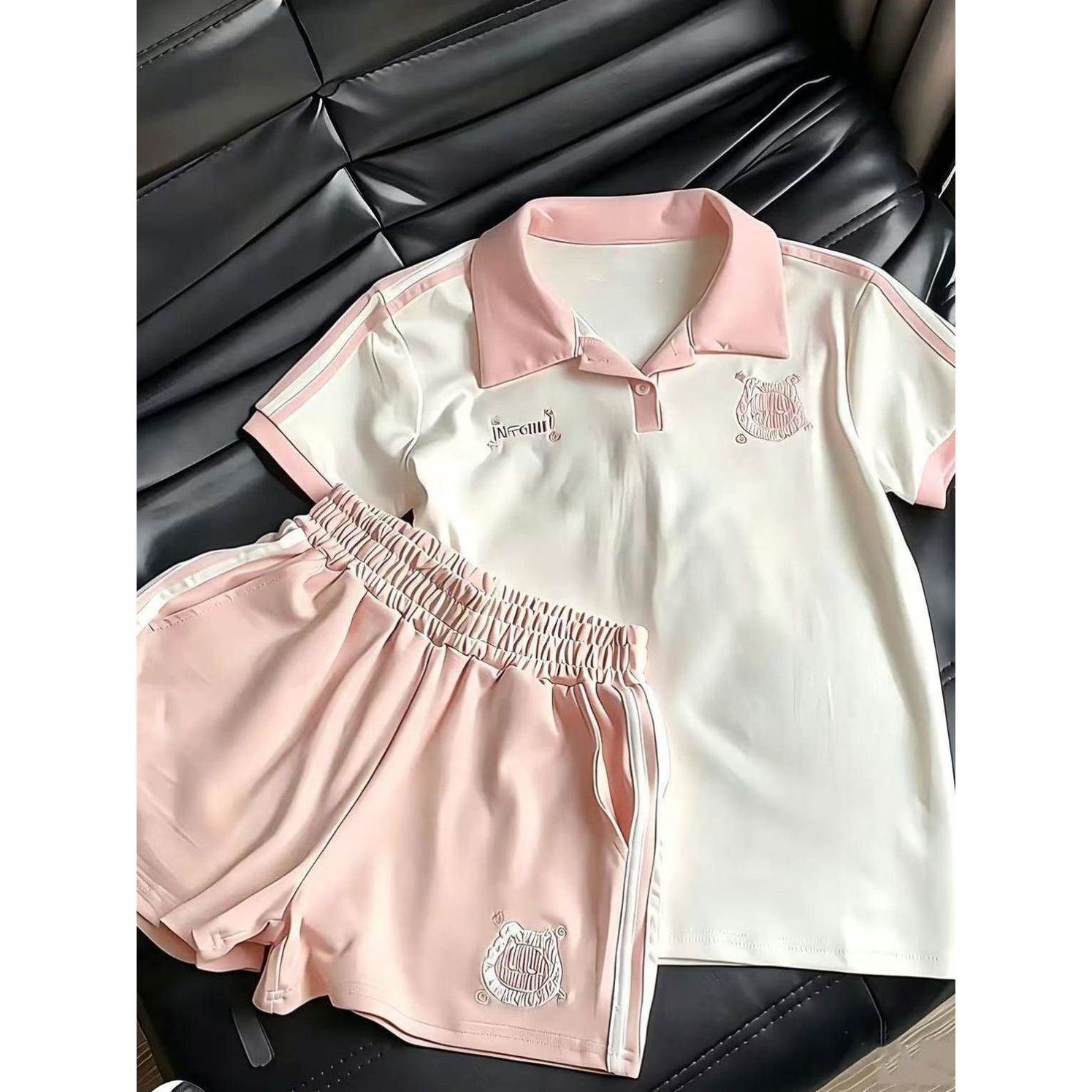 两件套甜妹休闲运动服套装女夏季女生新款学院风POLO翻领短袖短裤