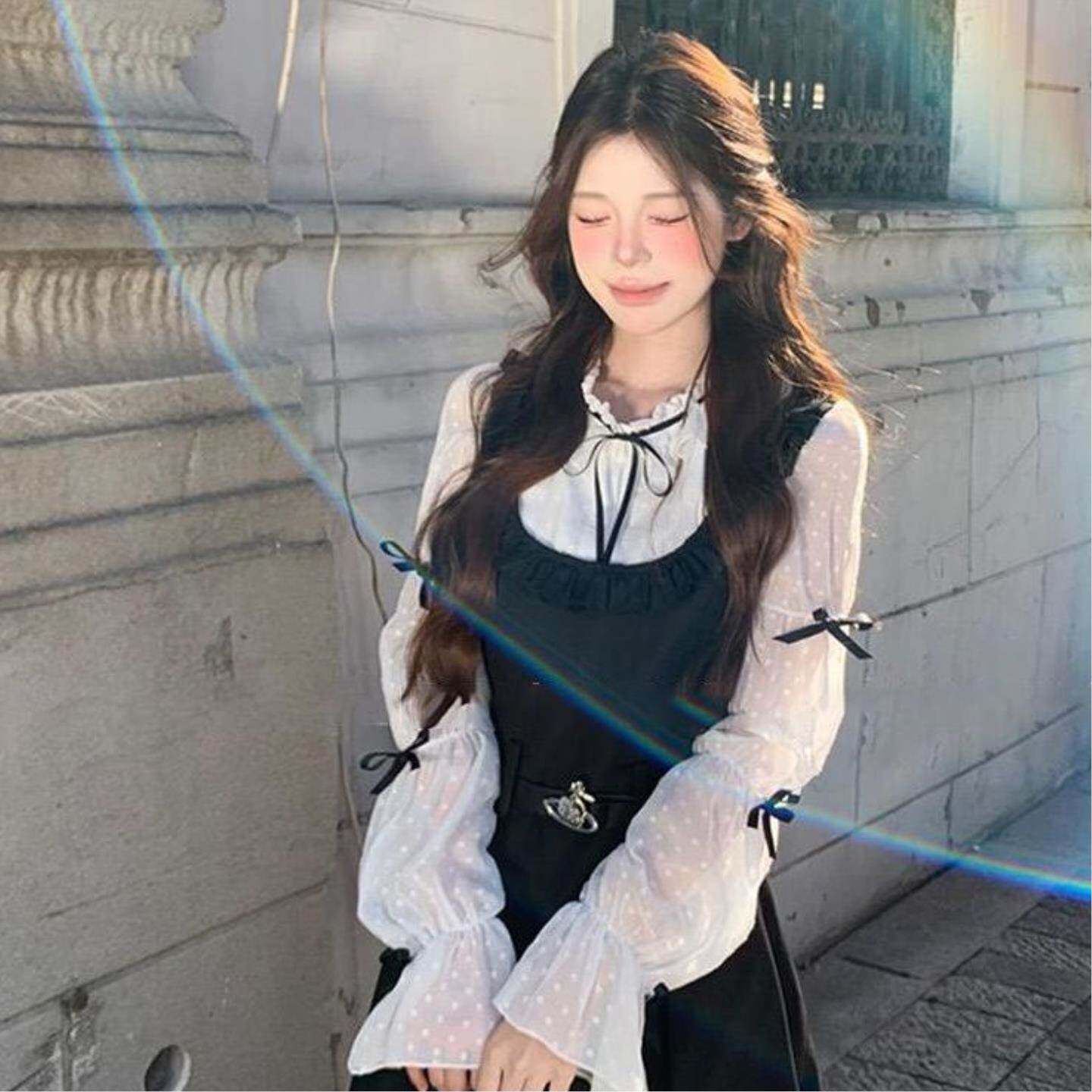 春秋新款气质波点蝴蝶结衬衫上衣长款连衣裙两件套套装