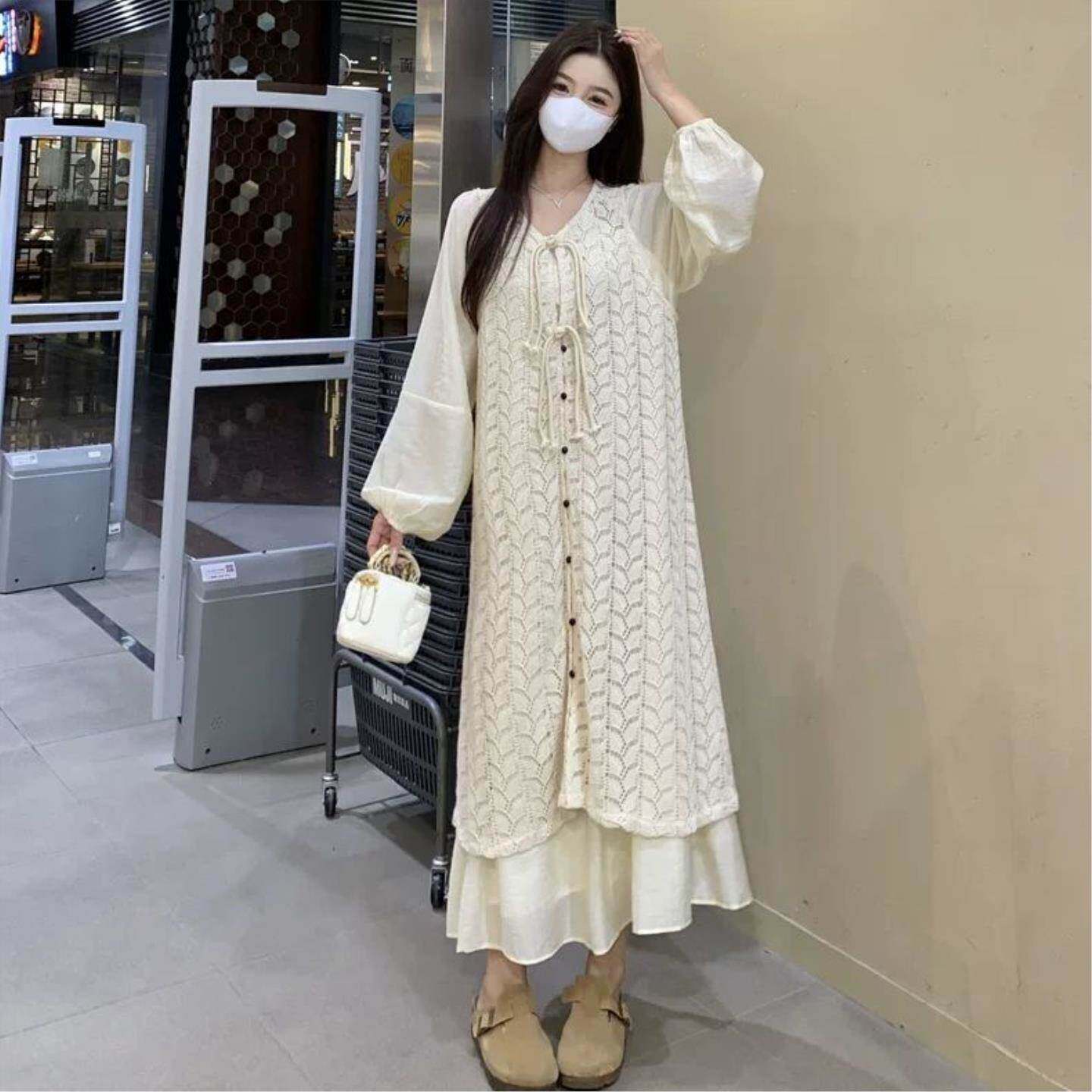 大码法式镂空连衣裙叠穿针织罩衫女春秋胖MM气质慵懒风遮肉两件套