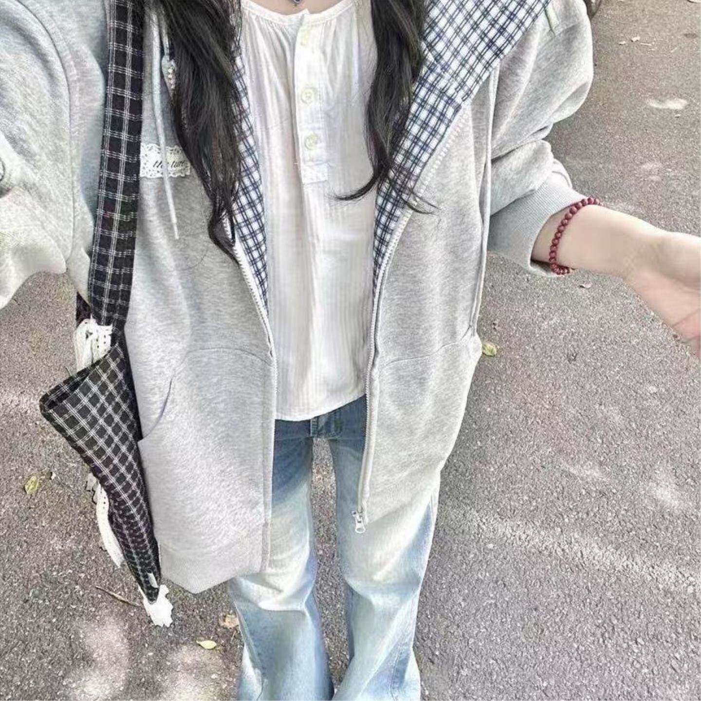 拼接格子长袖连帽开衫卫衣春秋新款宽松设计韩系慵懒百搭外套拉链