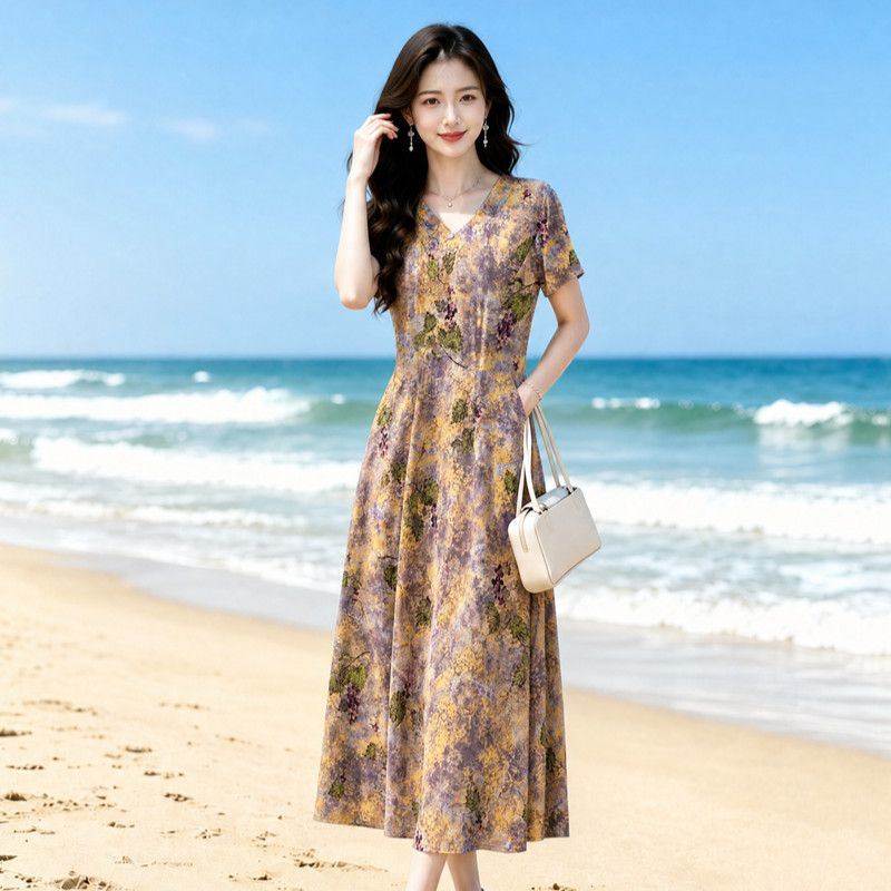 优雅时尚碎花裙妈妈装夏季洋气气质日常出行穿搭连衣裙中长裙