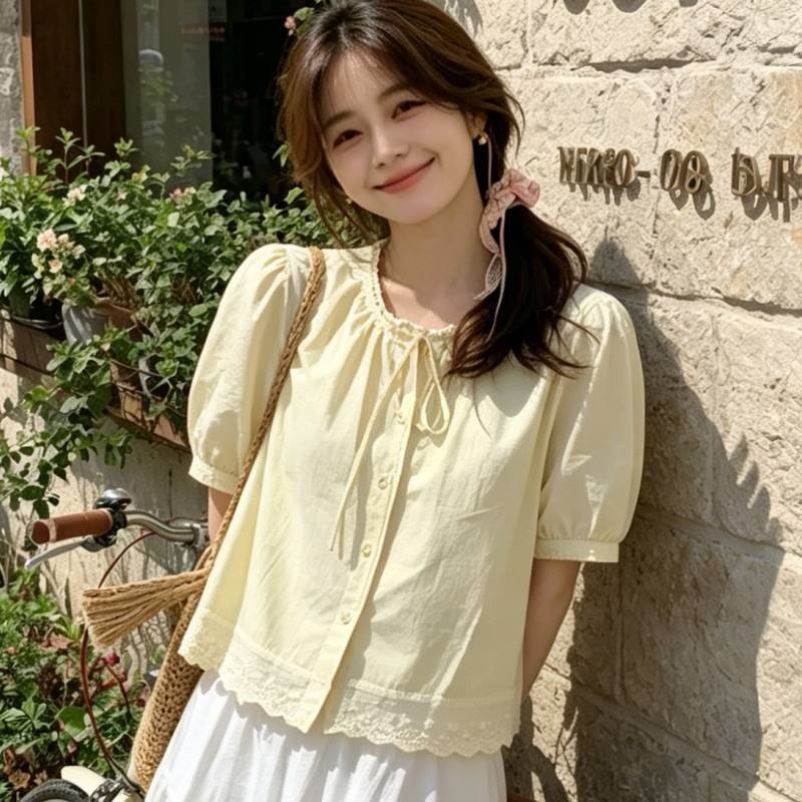 黄色温柔风系带蝴蝶结衬衫女夏款遮肚子裙摆娃娃衫甜美泡泡袖上衣