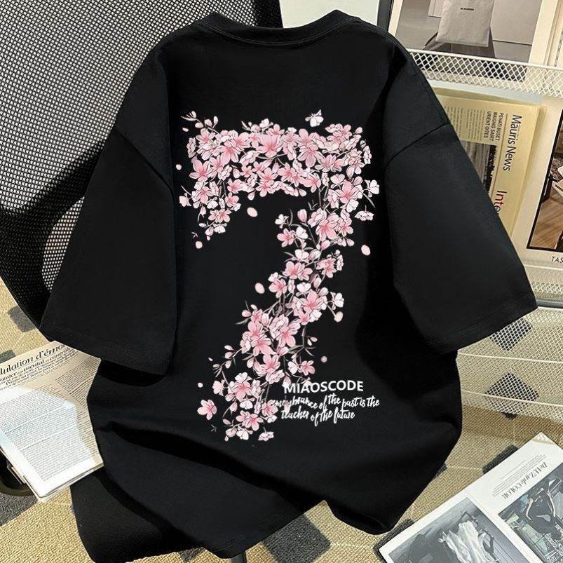 300斤大码胖妹妹棉趣味樱花数字印花短袖恤女夏季宽松显瘦上衣