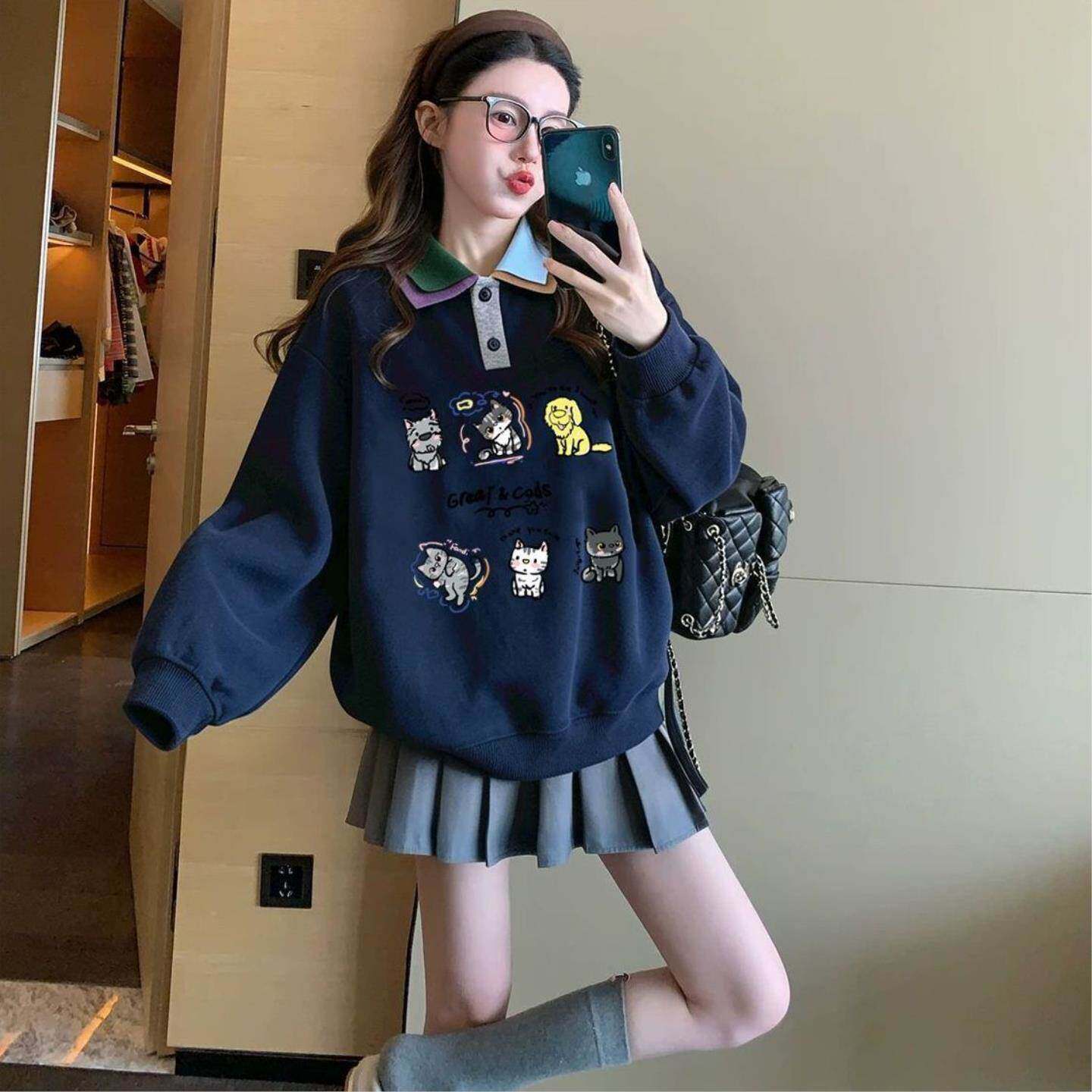 小众设计感双翻领卫衣女秋冬新款胖mm大码300斤宽松polo领上衣服